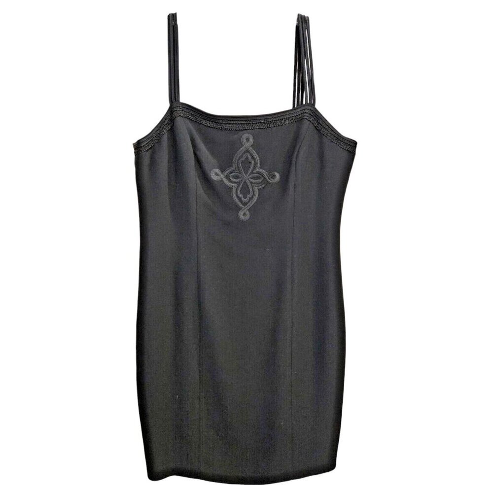 Andrea Jovine Spaghetti Strap Mini Dress Women's 10 Black Embroidered Braid Trim